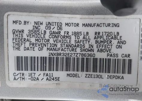 2007 Toyota Corolla Ce from USA, damaged, VIN 1NXBR32E27Z786360